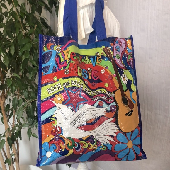 Rock and Roll Fame Hall of Fame Handbags - ROCK & ROLL HALL OF FAME recyclable shopping bag book bag tote 1970s retro look